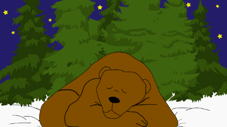 a big brown bear asleep in the snow