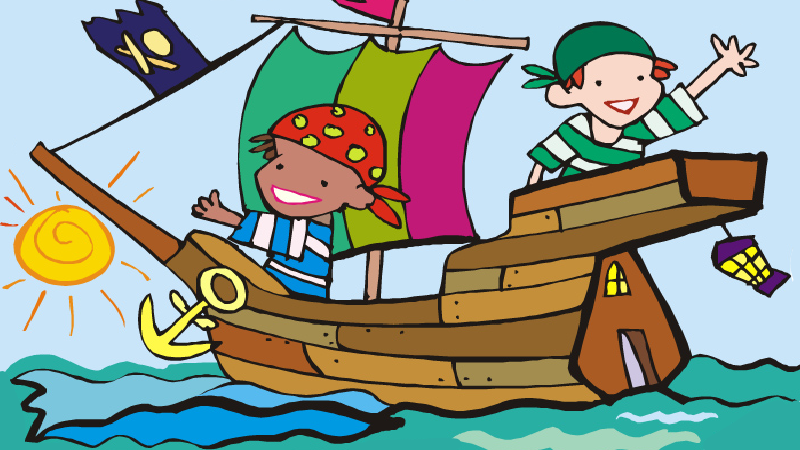 Two boys playing on a pirate ship